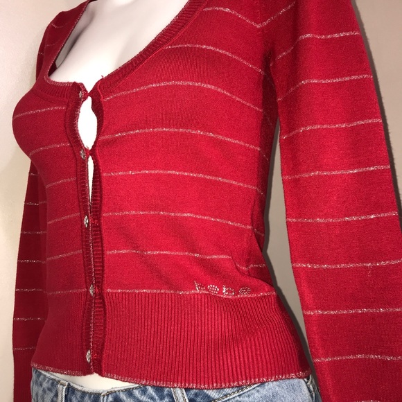 BEBE Metallic Ruby Red Crystal Button DownCardigan - Picture 7 of 16